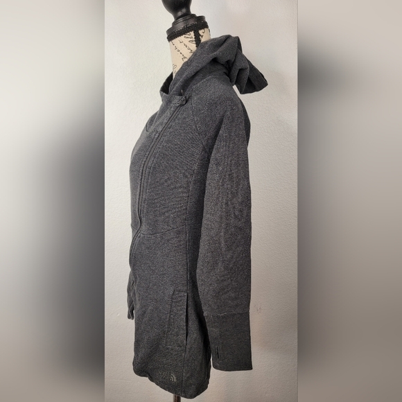 The North Face Fleece Jacket XS Hooded Longline Thumbholes Gray Hoodie - Picture 2 of 11